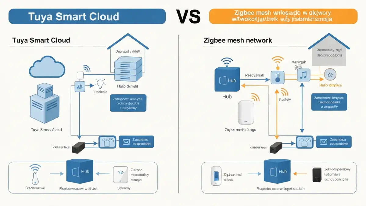 Porównanie architektur Tuya Smart (chmura) i Zigbee (sieć mesh lokalnego) w smart home