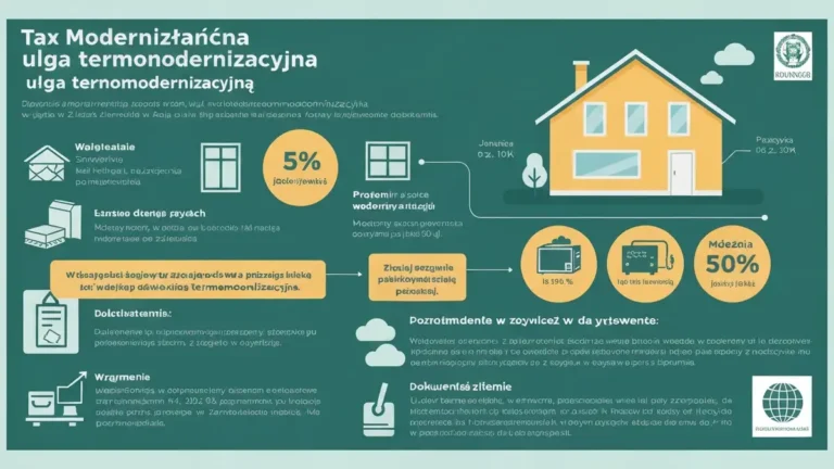 Schemat ulgi termomodernizacyjnej w PIT - pokazujący procent odliczenia, rodzaje prac budowlanych i dokumenty