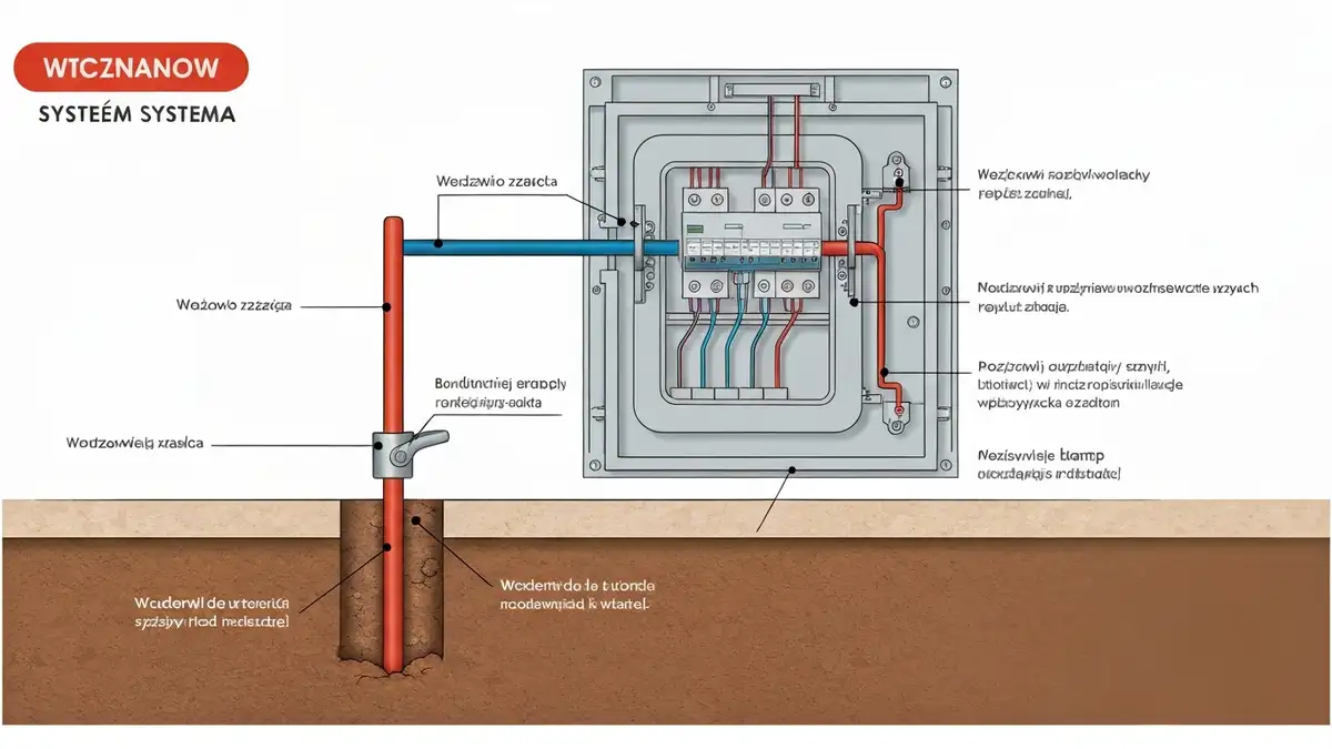 Schemat uziemienia instalacji elektrycznej w domu - elektroda, przewód uziemiający i zacisk w rozdzielni