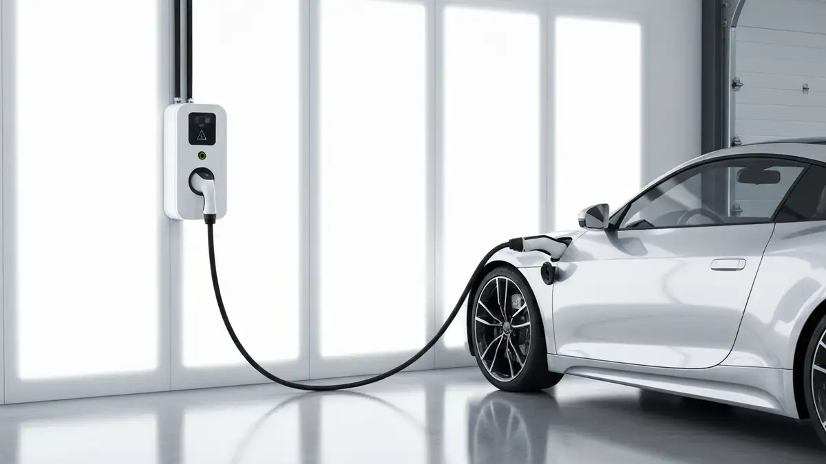 Wallbox zamontowany na ścianie garażu z podłączonym samochodem elektrycznym - instalacja elektryczna